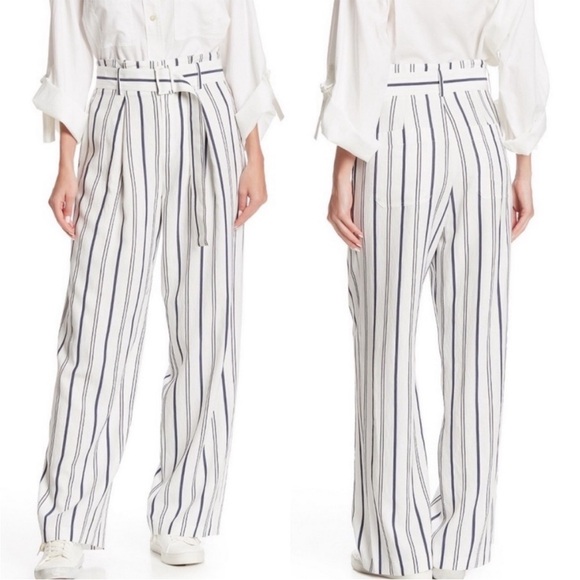 Vince Donny White Blue Stripe Wide Leg Belted Pants - Picture 3 of 11